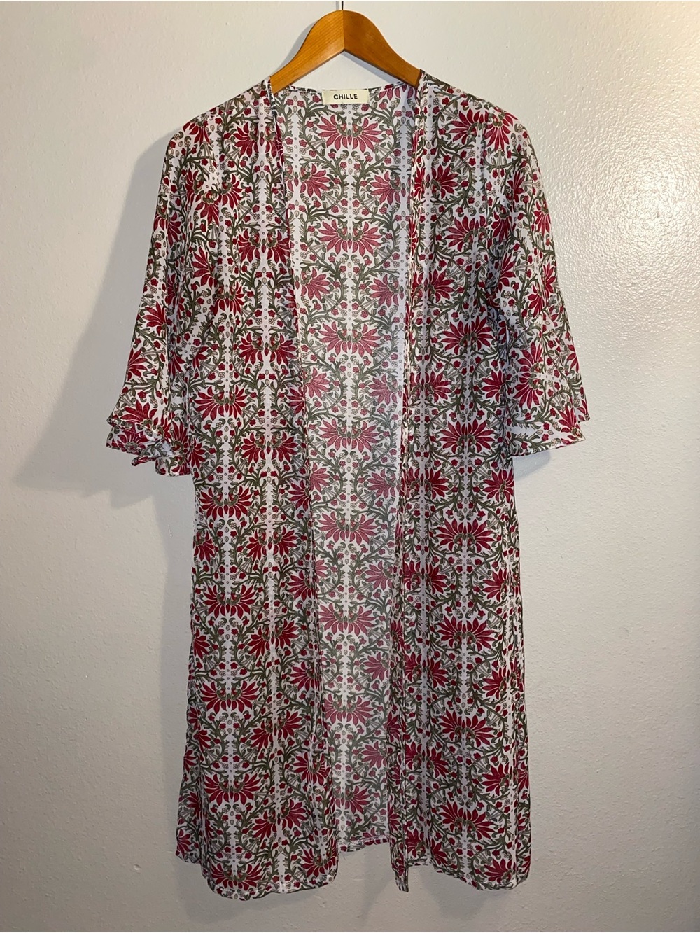 Chille Floral Boho Duster Kimono Cardigan Pink Green Size Small